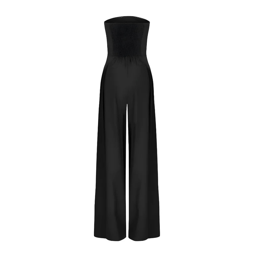Black strapless wide-leg jumpsuit with smocked back, on a white background