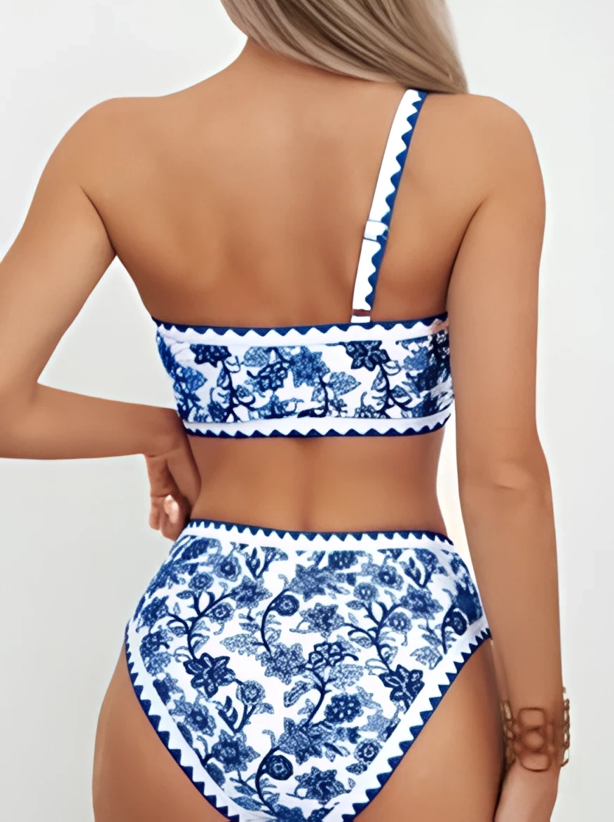 Blue and white floral one-shoulder bikini set, back view
