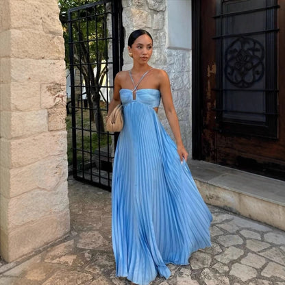 Women's Pleated Halter Maxi Dress with Cut-Out Detail (photo 9)