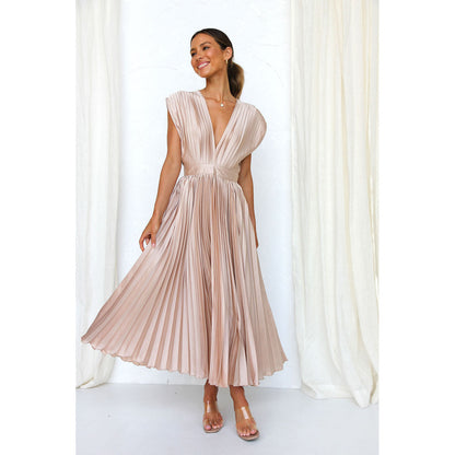 Women's V-Neck Pleated Sleeveless Dress with Zipper (photo 4)
