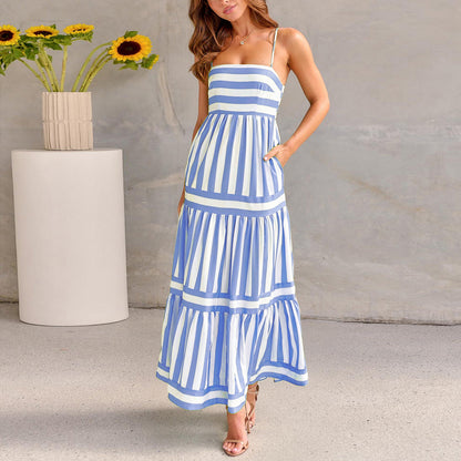 Women's Striped Strappy Maxi Dress with Pockets (photo 2)