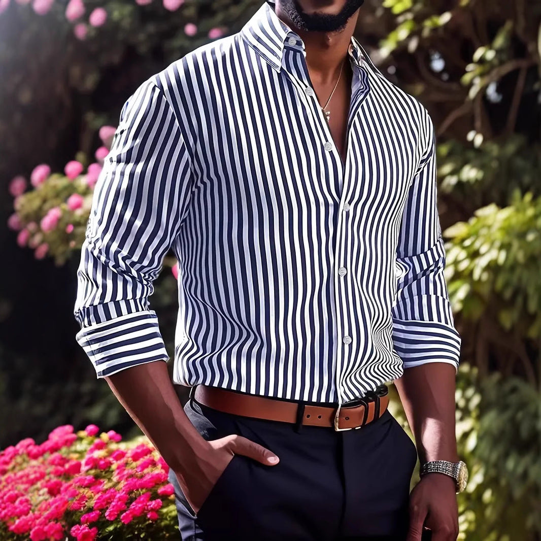 Men's Striped Long-Sleeve Lapel Button Shirt (photo 4)