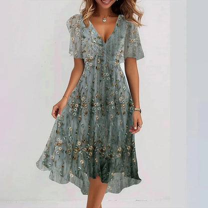 Women's Printed Chiffon V-Neck Short-Sleeve Dress (photo 7)