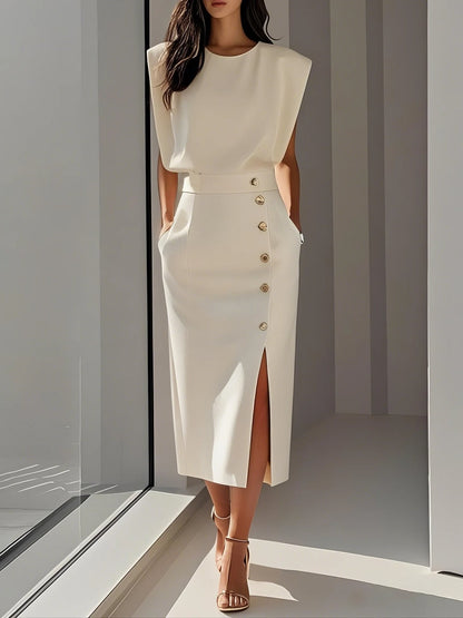 Women's Sleeveless Button-Front Midi Dress with Slit (photo 5)
