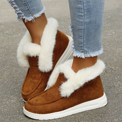 Women's Slip-On Snow Boots with Plush Collar and Lining – Brown