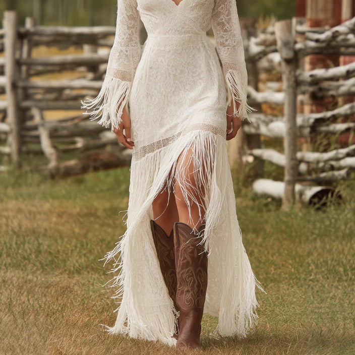Women's Boho Lace Maxi Dress with Fringe Sleeves (photo 5)