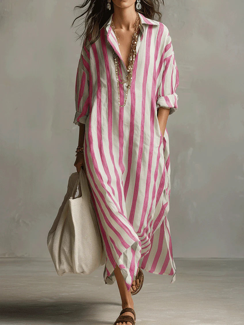 Women's Striped Split-Collar Long Shirt Dress (photo 9)