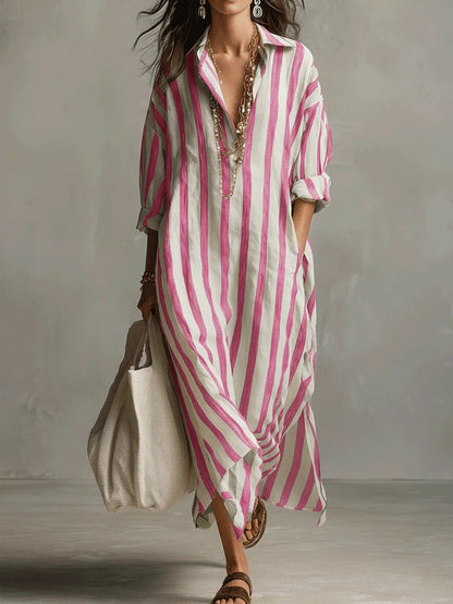 Women's Striped Split-Collar Long Shirt Dress (photo 9)