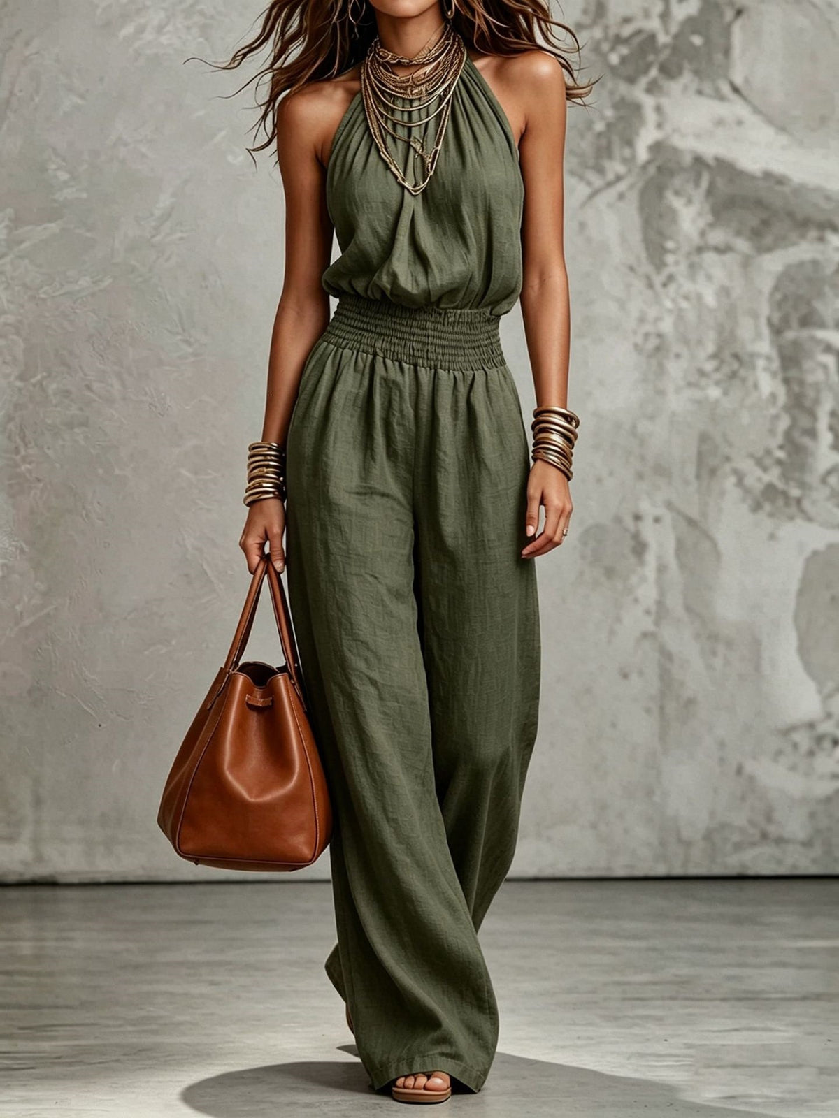 Women's Sleeveless Halter Backless Wide-Leg Jumpsuit (photo 9)