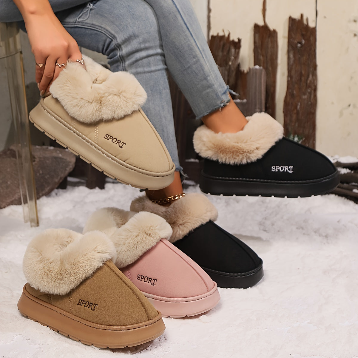 Women's Platform Plush Slippers with Faux Fur Lining