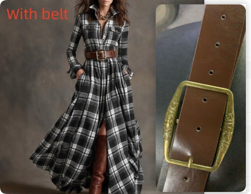 Women's Plaid Long-Sleeve Shirt Dress with Pockets (photo 15)