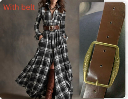 Women's Plaid Long-Sleeve Shirt Dress with Pockets (photo 15)
