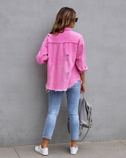 Women's Loose Distressed Shirt Jacket (photo 2)