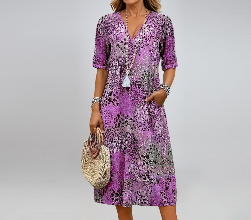 Women's V-Neck Half-Sleeve Printed Dress with Pockets (photo 6)