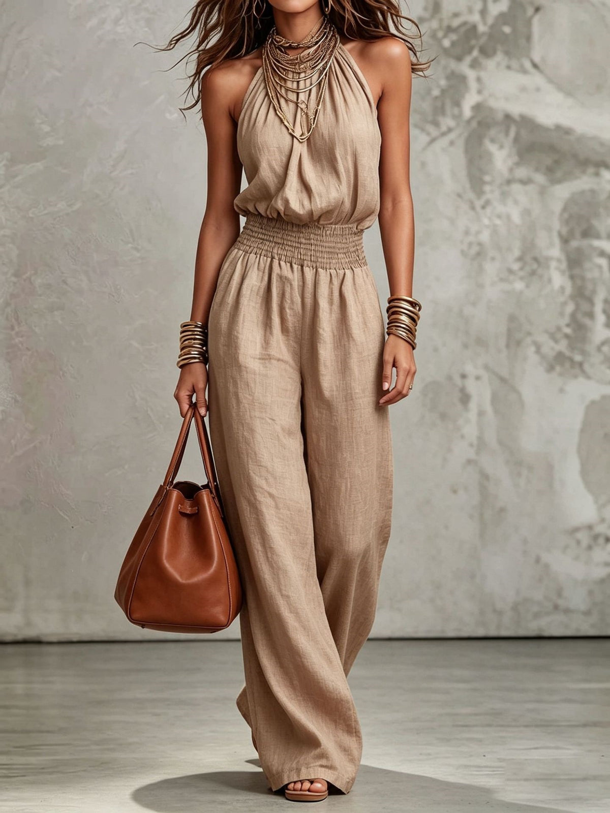 Women's Sleeveless Halter Backless Wide-Leg Jumpsuit (photo 5)