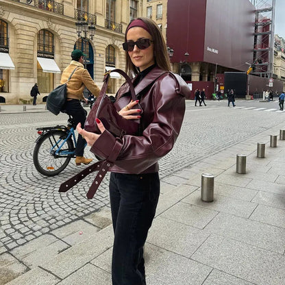 Women's Loose Lapel PU Leather Cropped Jacket (photo 4)