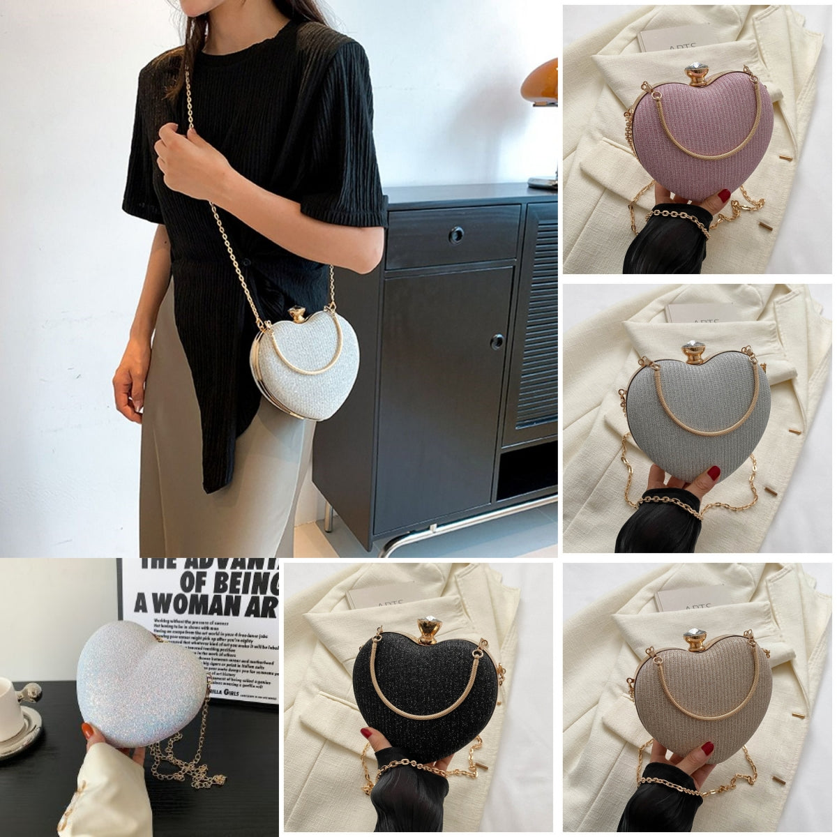 Shiny Heart-Shaped Evening Clutch with Chain