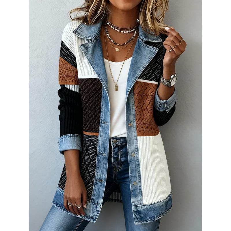 Women's Patchwork Button-Down Shirt Jacket with Lapel Collar (photo 9)