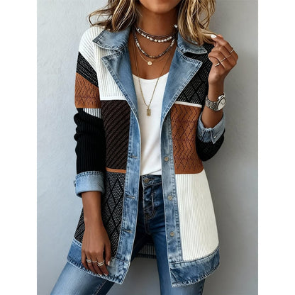Women's Patchwork Button-Down Shirt Jacket with Lapel Collar (photo 9)