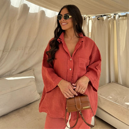 Women's Long-Sleeve Pocket Shirt and Wide-Leg Pants Set (photo 2)