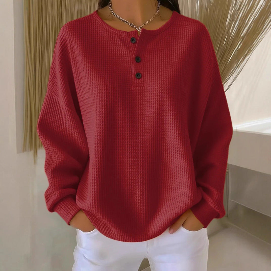 Women's Waffle Knit Long-Sleeve Button T-Shirt (photo 3)