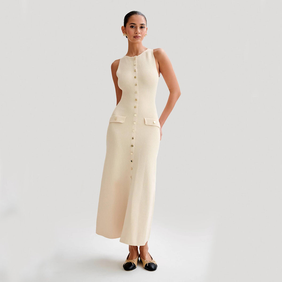 Women's Sleeveless Knit Button-Front Long Dress (photo 6)