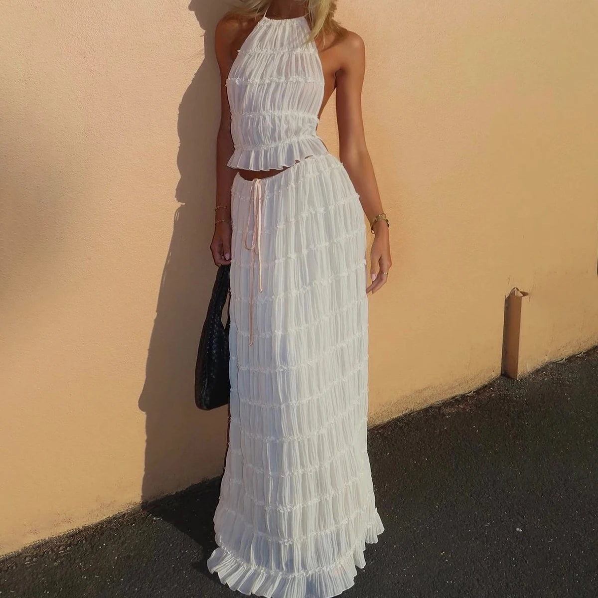 Women's Halter Crop Top and Pleated Maxi Skirt Set (photo 7)