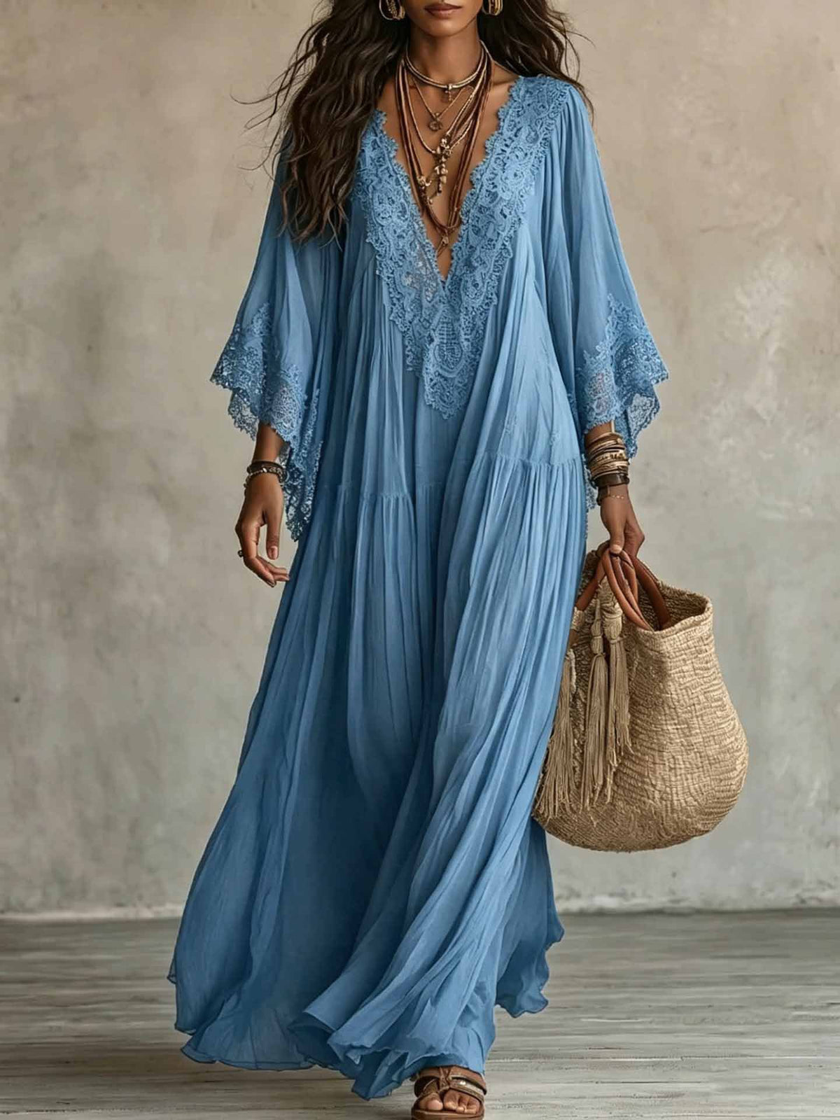Women's V-Neck Maxi Dress with Lace Trim (photo 9)