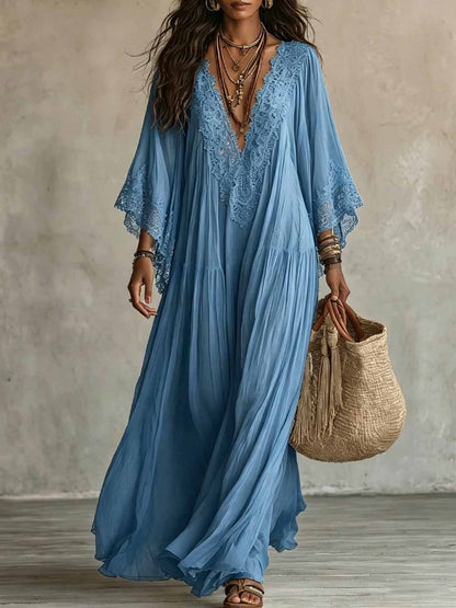 Women's V-Neck Maxi Dress with Lace Trim (photo 9)