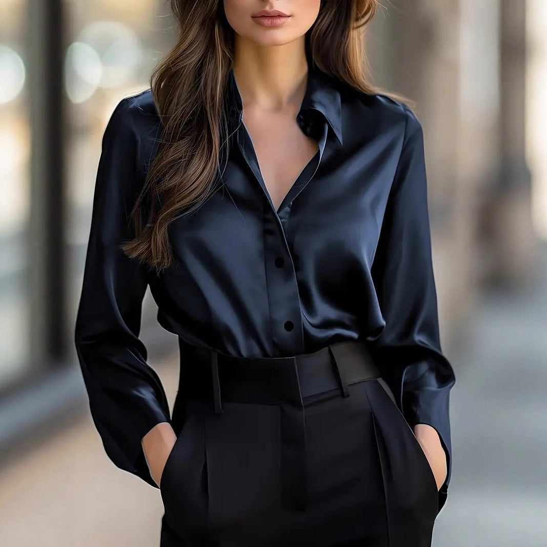 Women's Satin Button-Up Long-Sleeve Blouse (photo 4)