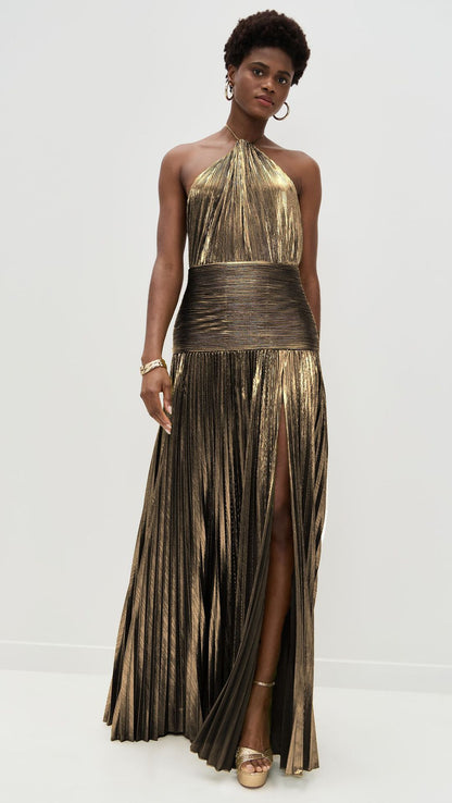 Women's Pleated Halter-Neck Maxi Dress with Slit (photo 2)