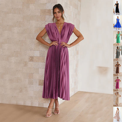 Women's V-Neck Pleated Sleeveless Dress with Zipper
