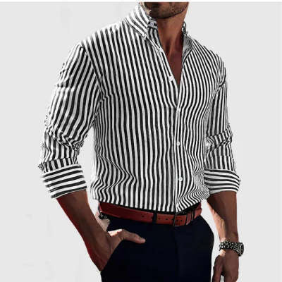 Men's Striped Long-Sleeve Lapel Button Shirt (photo 14)