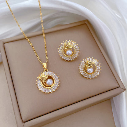 Rhinestone Leaf Necklace and Stud Earrings Set