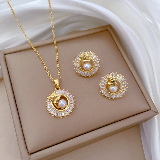 Rhinestone Leaf Necklace and Stud Earrings Set
