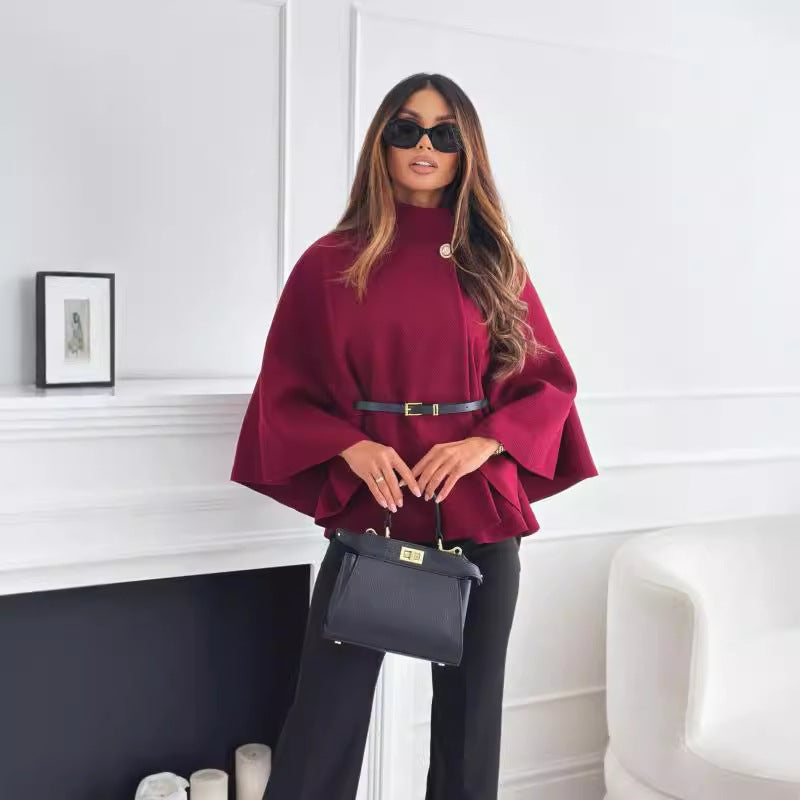 Women's Stand-Collar Batwing Cape Jacket with Belt (photo 12)