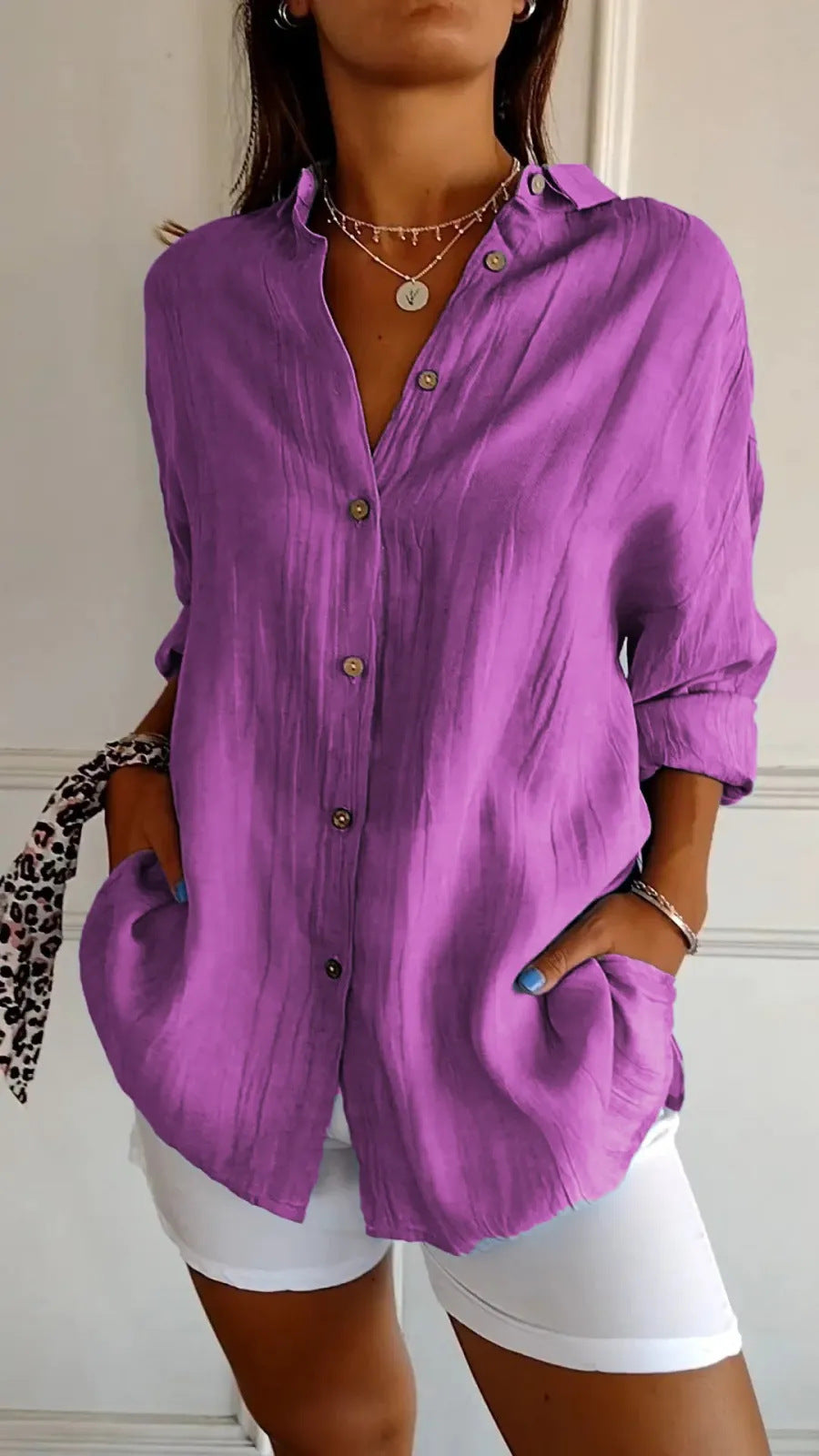 Women's Lapel Long-Sleeve Pleated Button-Front Shirt (photo 13)