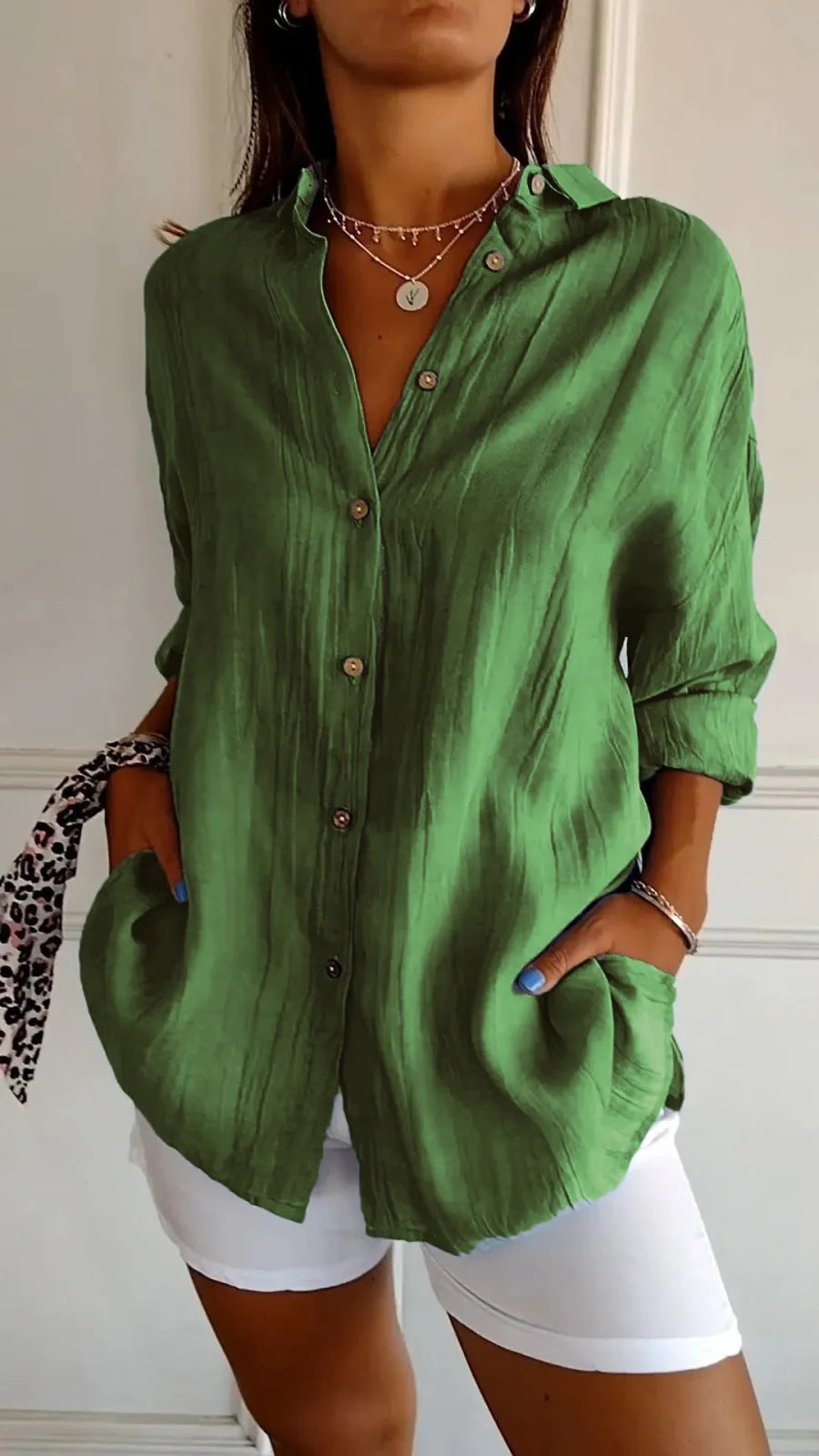 Women's Lapel Long-Sleeve Pleated Button-Front Shirt (photo 11)