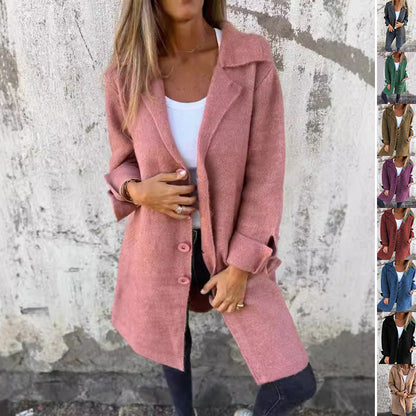 Women's Lapel Single-Breasted Mid-Length Coat with Pockets