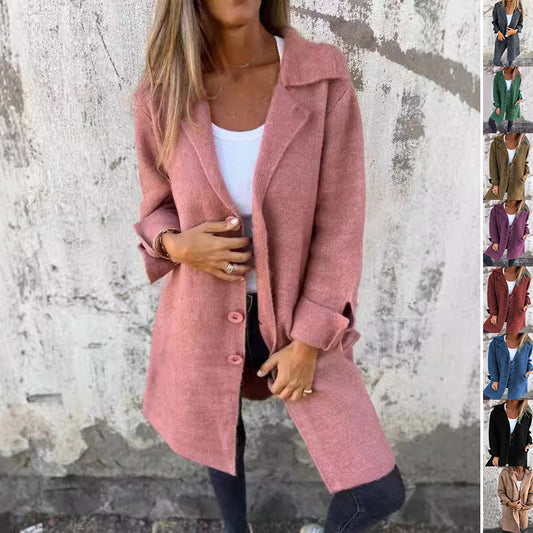 Women's Lapel Single-Breasted Mid-Length Coat with Pockets