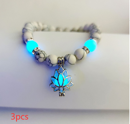 Glow-in-the-Dark Lotus Charm Beaded Bracelet – G, 3-Pack