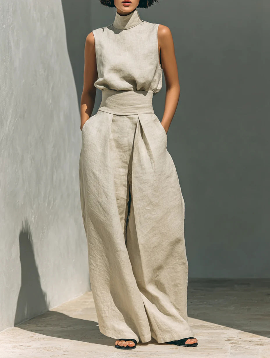 Women's Sleeveless Stand-Collar Top and Wide Pants Set (photo 10)