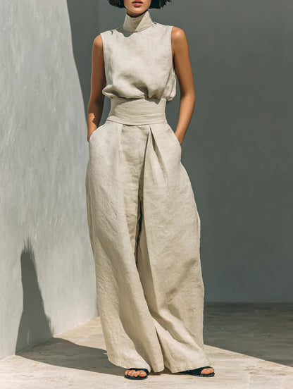 Women's Sleeveless Stand-Collar Top and Wide Pants Set (photo 10)