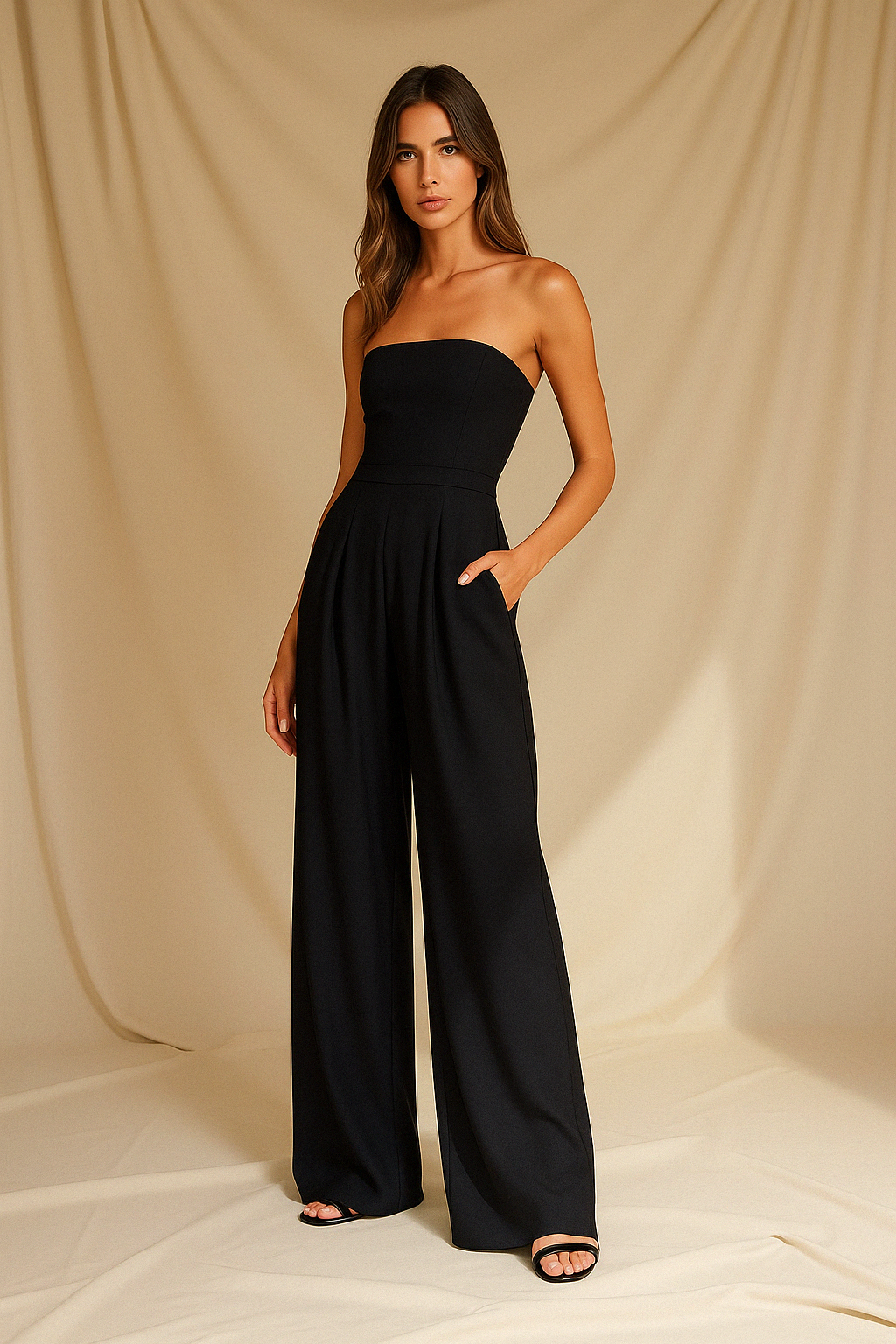 Woman wearing a black strapless wide-leg jumpsuit, full-length front view