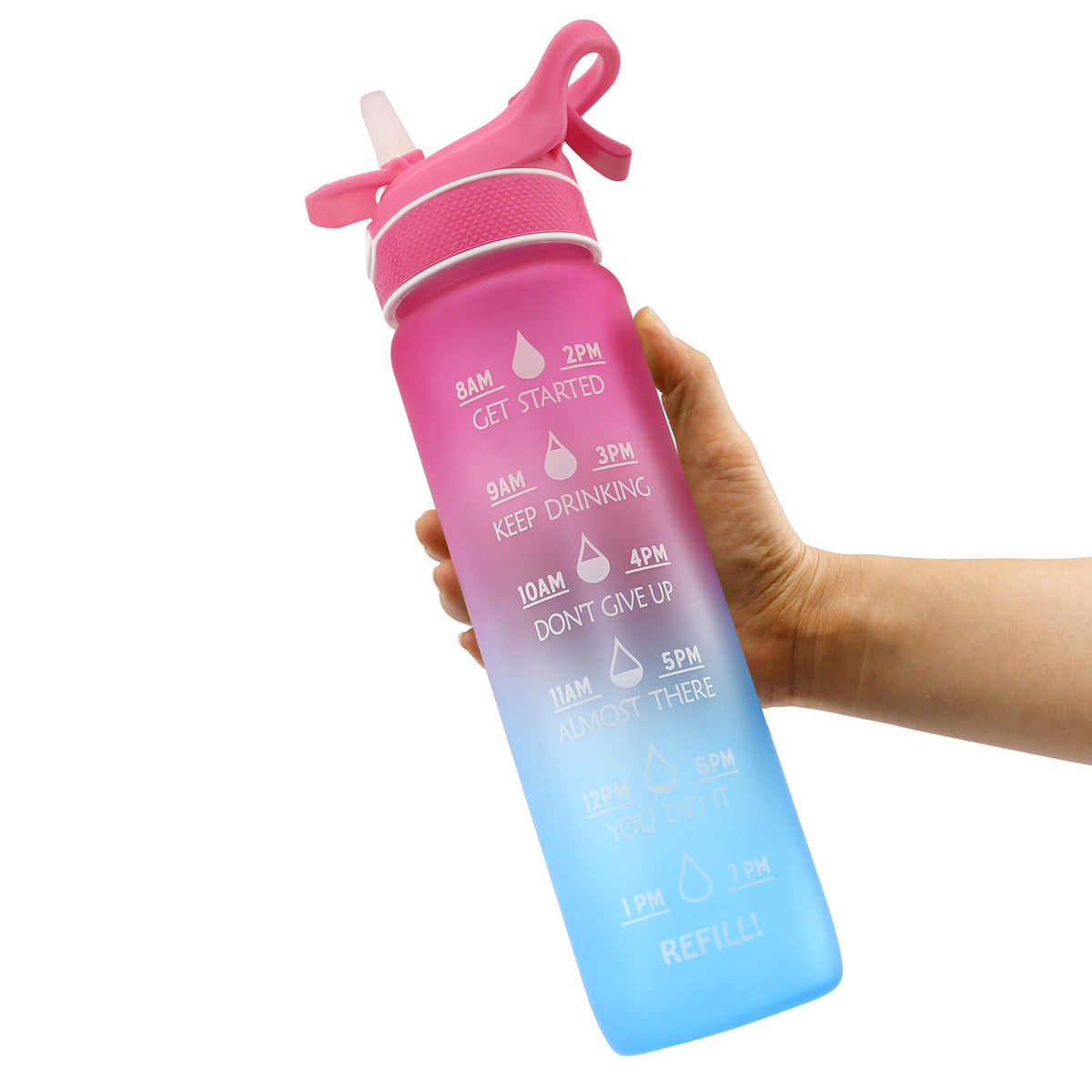 1 L Water Bottle with Spray Mist and Straw – Pink and Blue
