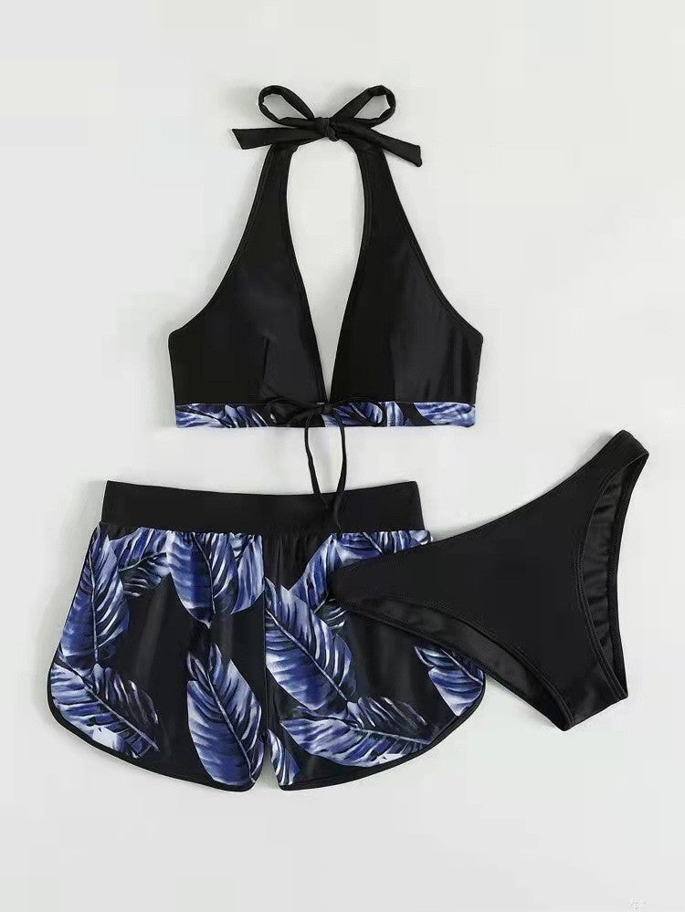 Women's 3-Piece Leaf Print Bikini with Shorts (photo 3)