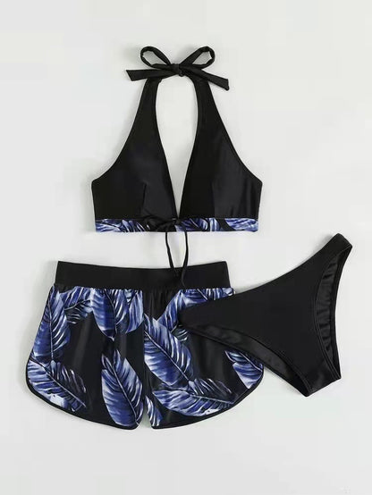 Women's 3-Piece Leaf Print Bikini with Shorts (photo 3)