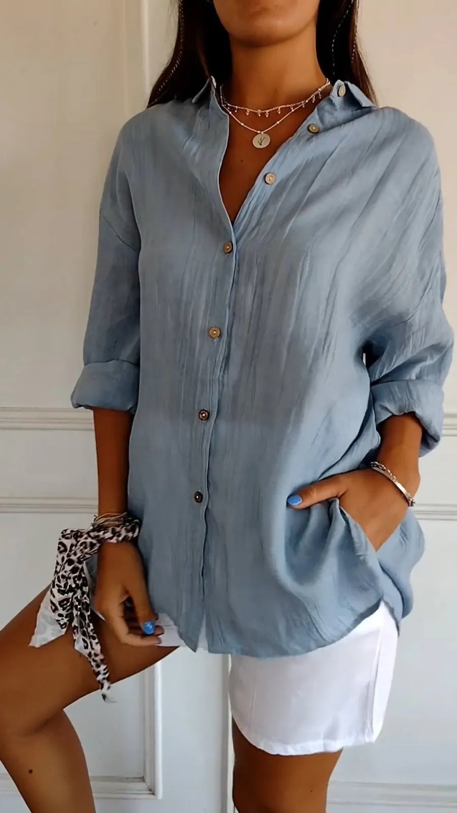 Women's Lapel Long-Sleeve Pleated Button-Front Shirt (photo 18)