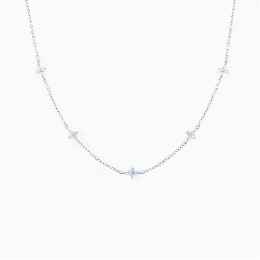Dainty Flower Station Necklace, Gold or Silver Tone – Silver Tone, Blue Flowers