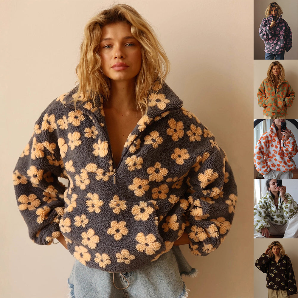 Women's Floral Fleece Zip Lapel Pullover with Big Pocket